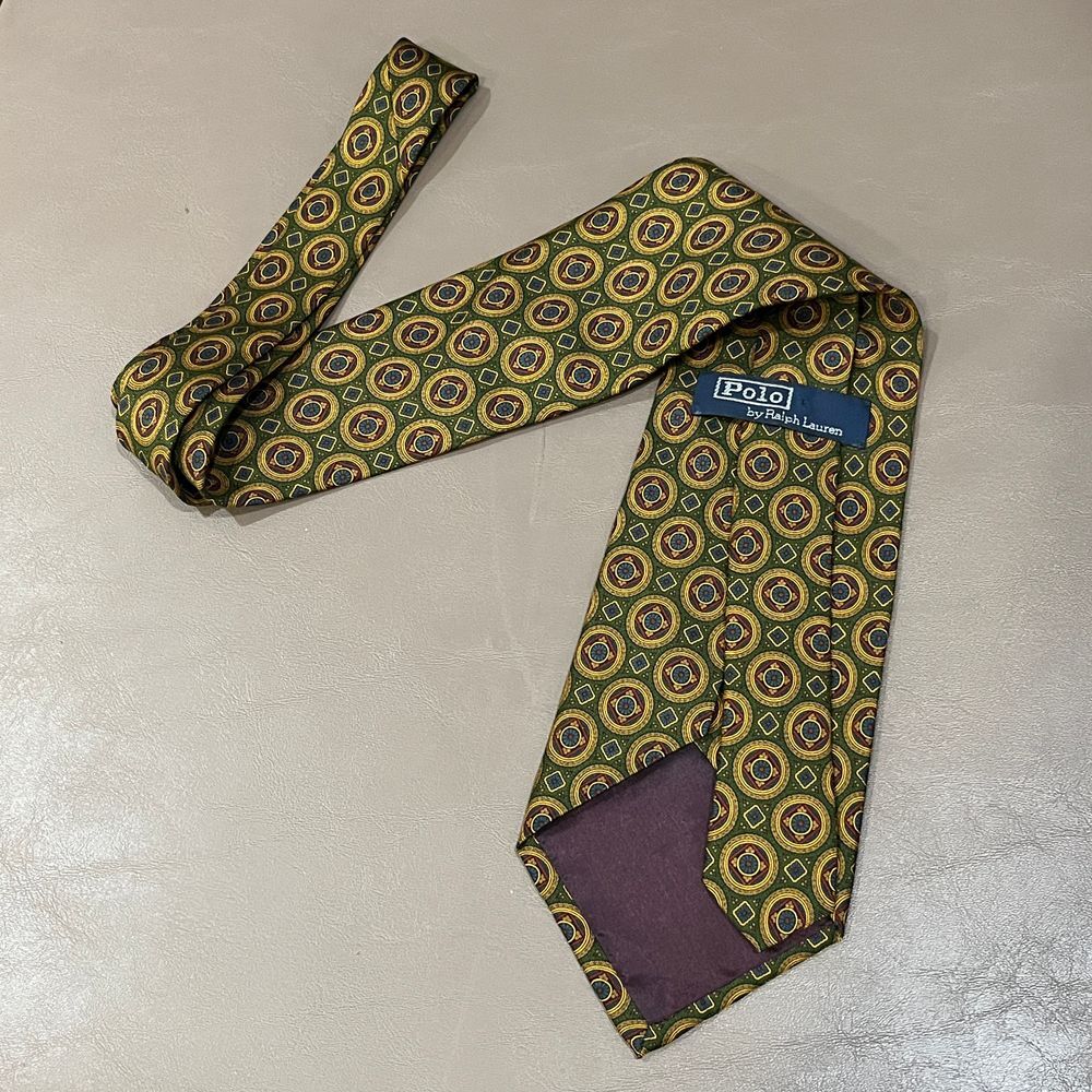 Polo Ralph Lauren Vintage Geometric Circle Print Silk Tie in Green and Gold - Picture 11 of 12